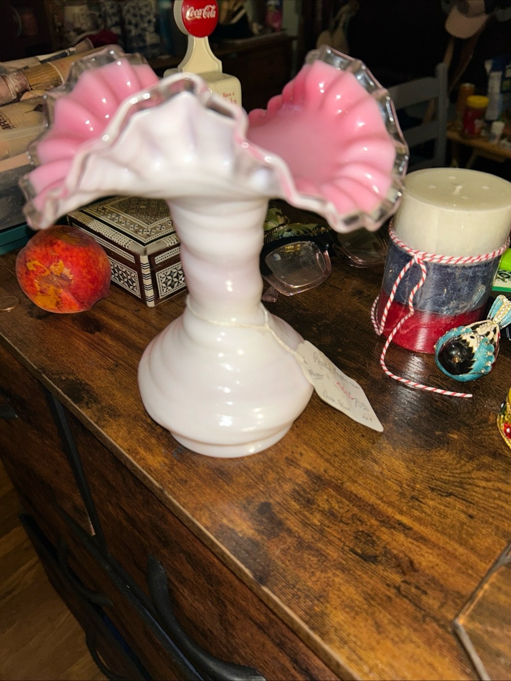 Fenton Pink and White Ruffled Opalescent Art Glass Vase